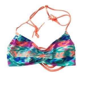 GB Colorful Bikini Top Braided Back Strappy Removable Cups Halter Tassel M